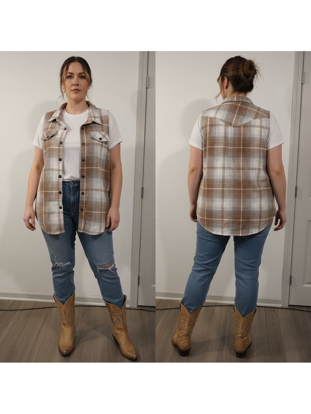 1500 - Plaid Brown White and Gray Sleeveless Shacket - 3X